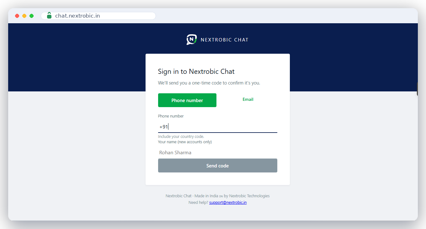 Nextrobic Chat sign-in screen — one-time code by phone number or email